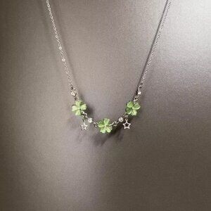 Silver Necklace with Green Floral Charms